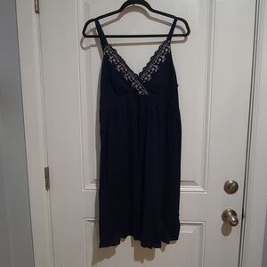 Faded Glory Navy Blue Midi Dress with White Floral Embroidery